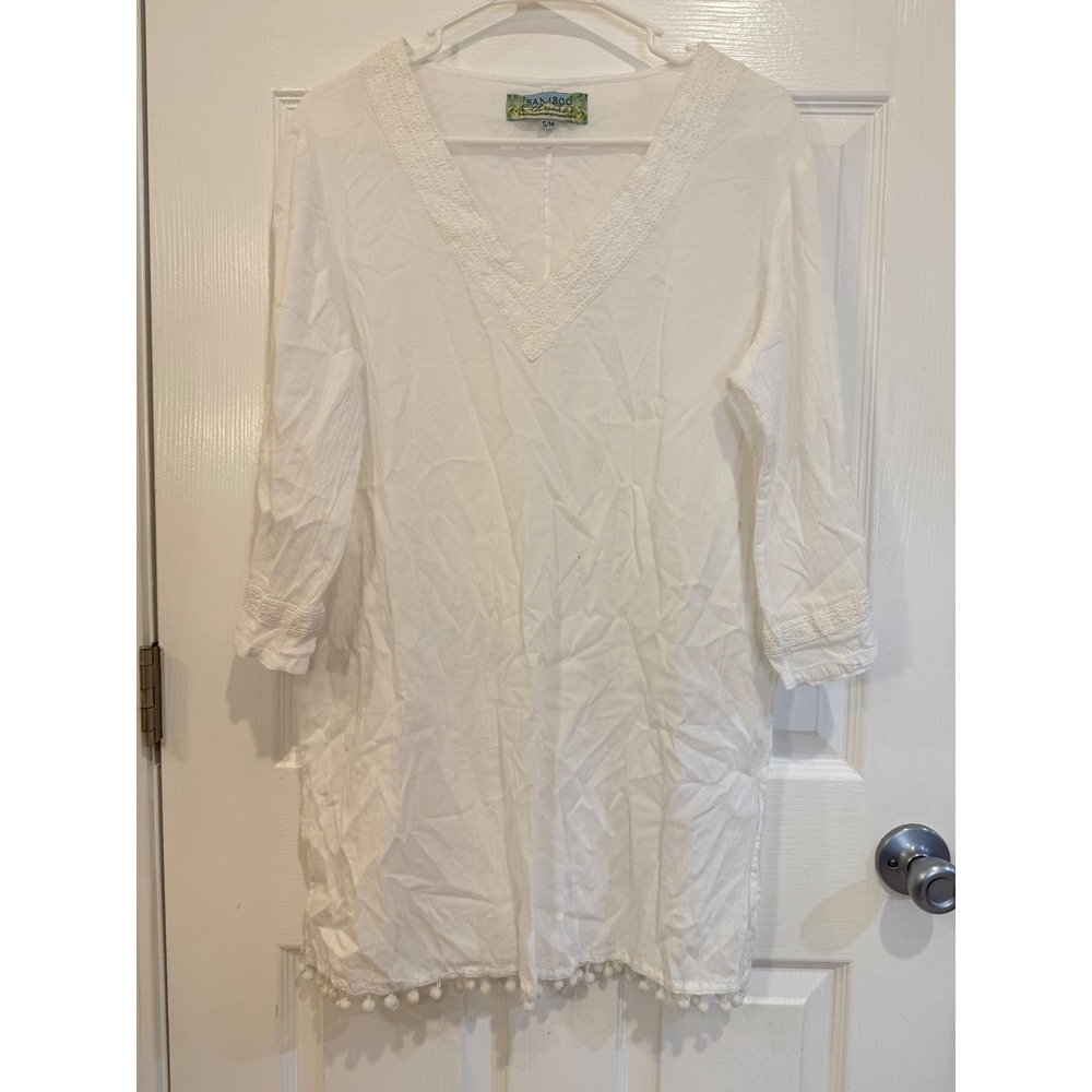 Bamboo Threads White‎ Cotton Tunic Top PomPom Trim Embroidered V Neck S/M